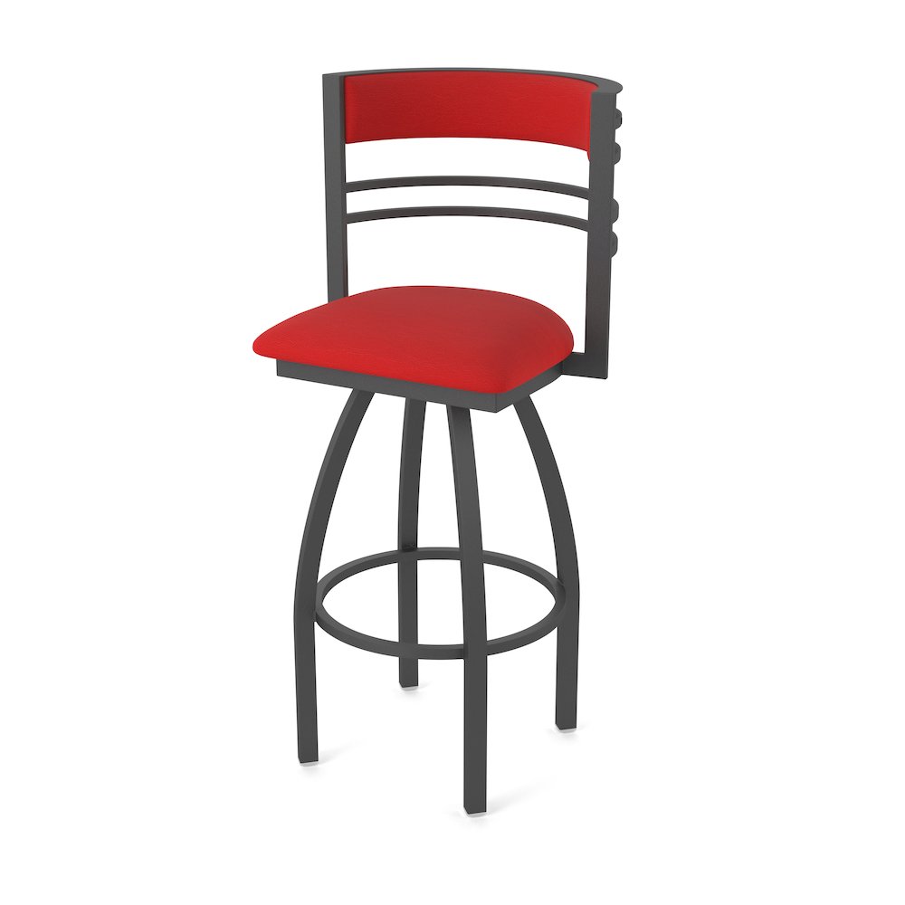 Swivel Bar Stool with Pewter Finish and Canter Red Seat and Back
