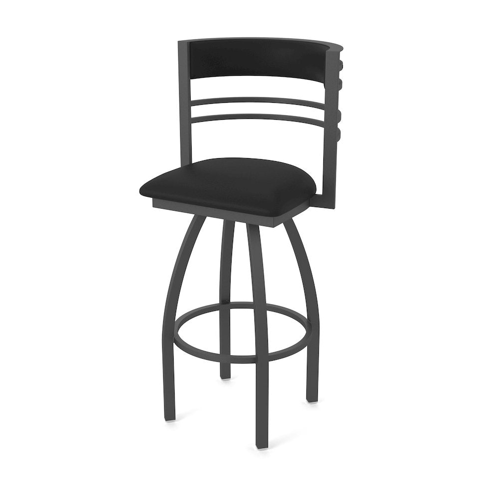 Swivel Bar Stool with Pewter Finish and Black Vinyl Seat and Back
