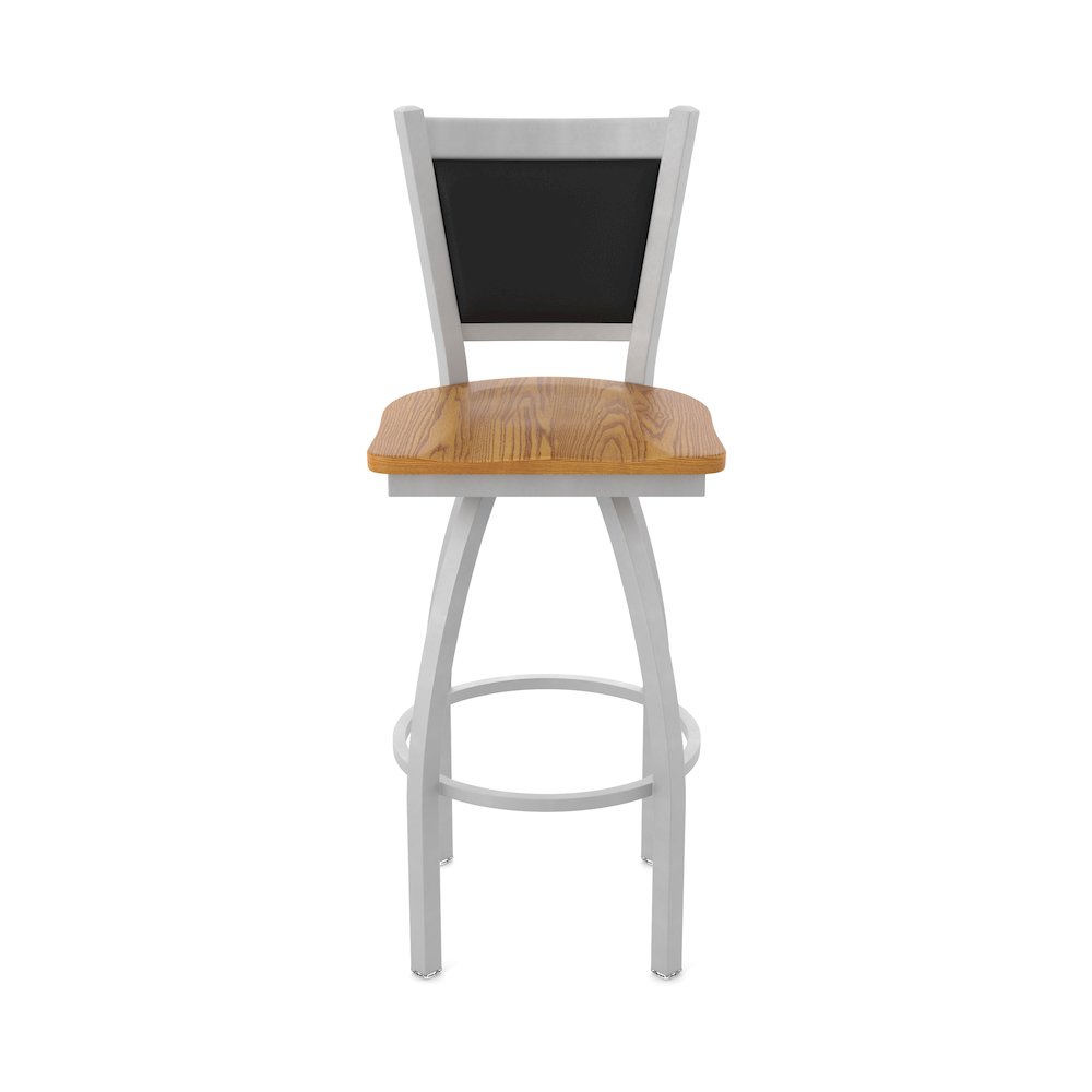 Swivel Bar Stool with Anodized Nickel Finish and Medium Oak Seat and Black Vinyl