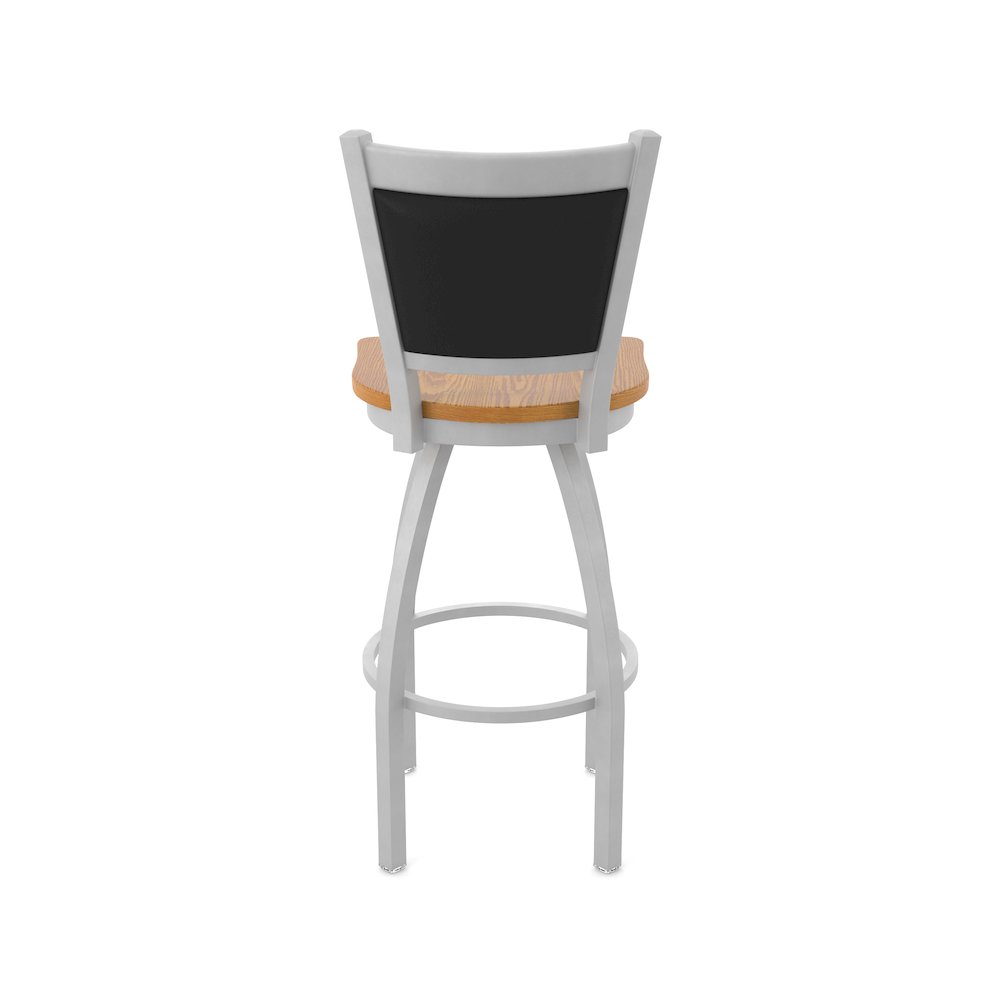 Swivel Bar Stool with Anodized Nickel Finish and Medium Oak Seat and Black Vinyl