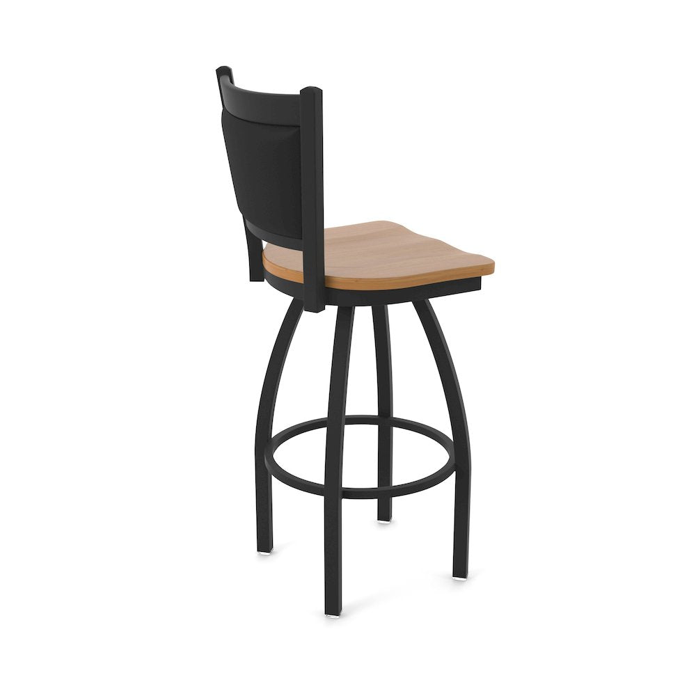 Swivel Bar Stool with Black Wrinkle Finish and Medium Maple Seat and Black Vinyl