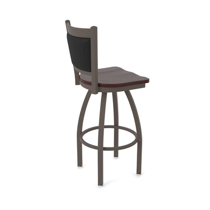 Swivel Bar Stool with Bronze Finish and Dark Cherry Maple Seat and Black Vinyl