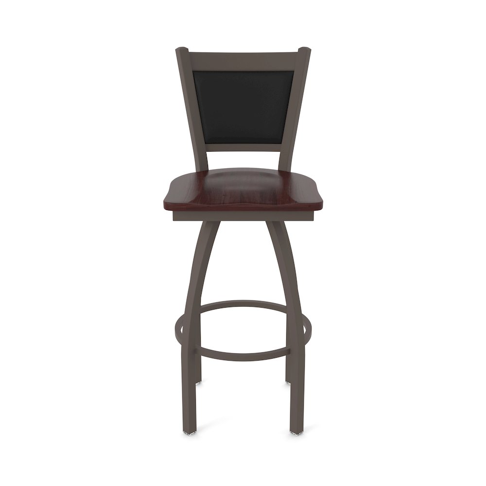 Swivel Bar Stool with Bronze Finish and Dark Cherry Maple Seat and Black Vinyl
