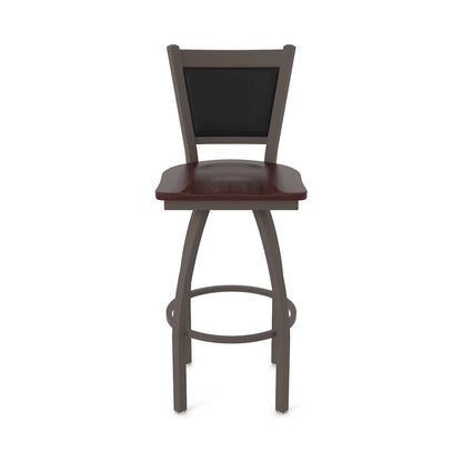 Swivel Bar Stool with Bronze Finish and Dark Cherry Maple Seat and Black Vinyl