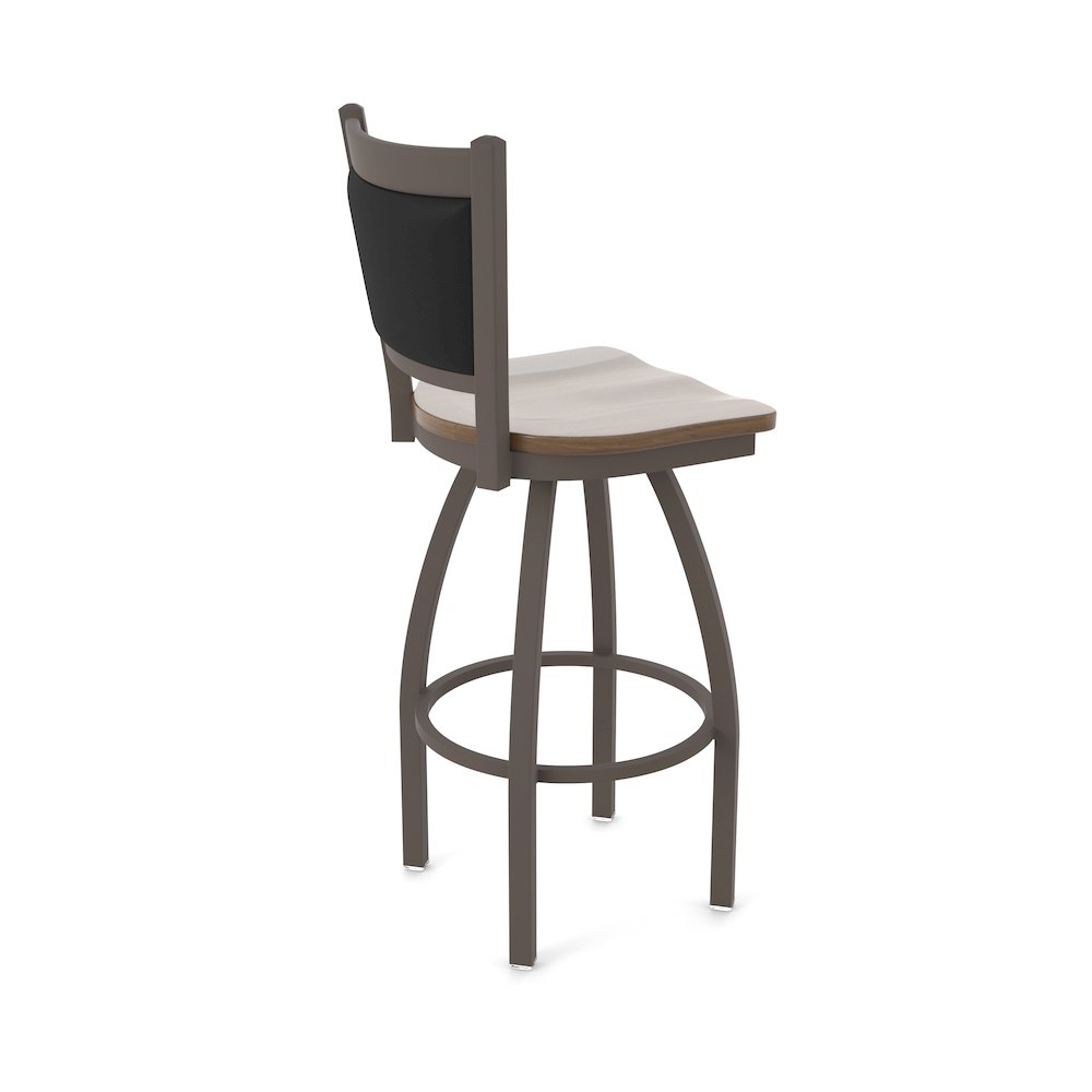 Swivel Bar Stool with Bronze Finish and Dark Maple Seat and Black Vinyl Back