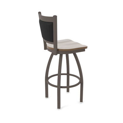 Swivel Bar Stool with Bronze Finish and Dark Maple Seat and Black Vinyl Back