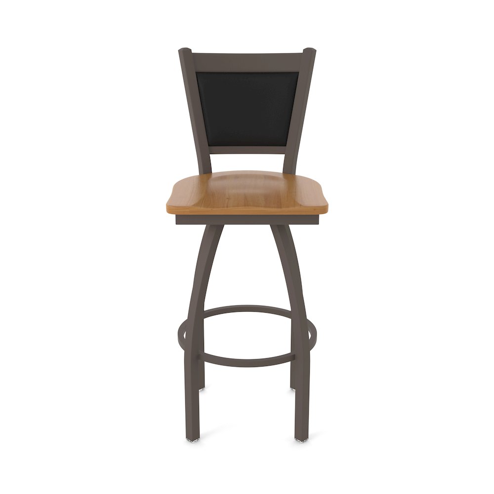 Swivel Bar Stool with Bronze Finish and Medium Maple Seat and Black Vinyl Back