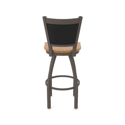 Swivel Bar Stool with Bronze Finish and Medium Oak Seat and Black Vinyl Back