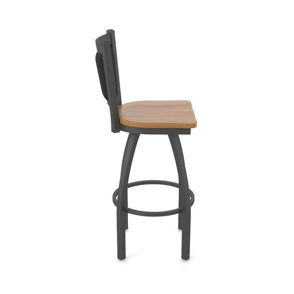 Swivel Bar Stool with Pewter Finish and Medium Maple Seat and Black Vinyl Back
