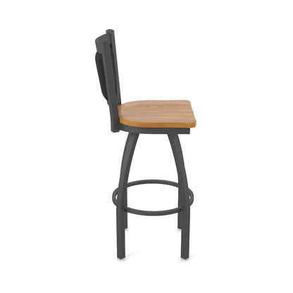 Swivel Bar Stool with Pewter Finish and Medium Oak Seat and Black Vinyl Back