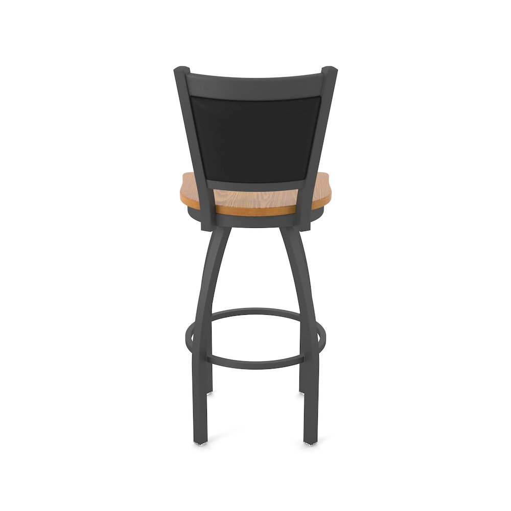 Swivel Bar Stool with Pewter Finish and Medium Oak Seat and Black Vinyl Back