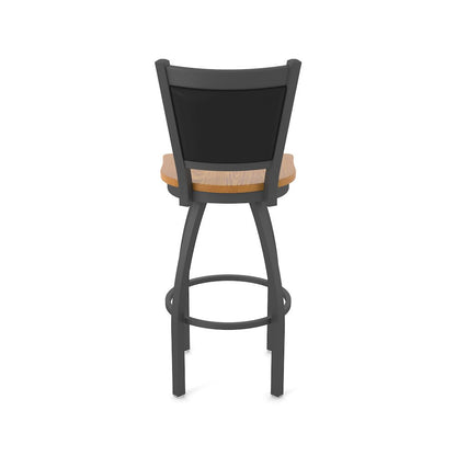 Swivel Bar Stool with Pewter Finish and Medium Oak Seat and Black Vinyl Back