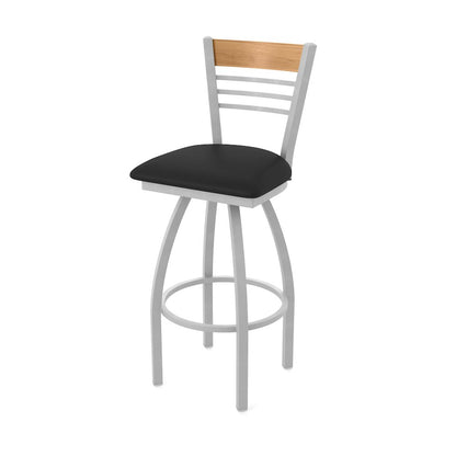 30" Swivel Bar Stool, Anodized Nickel Finish, Medium Back, Black Vinyl Seat