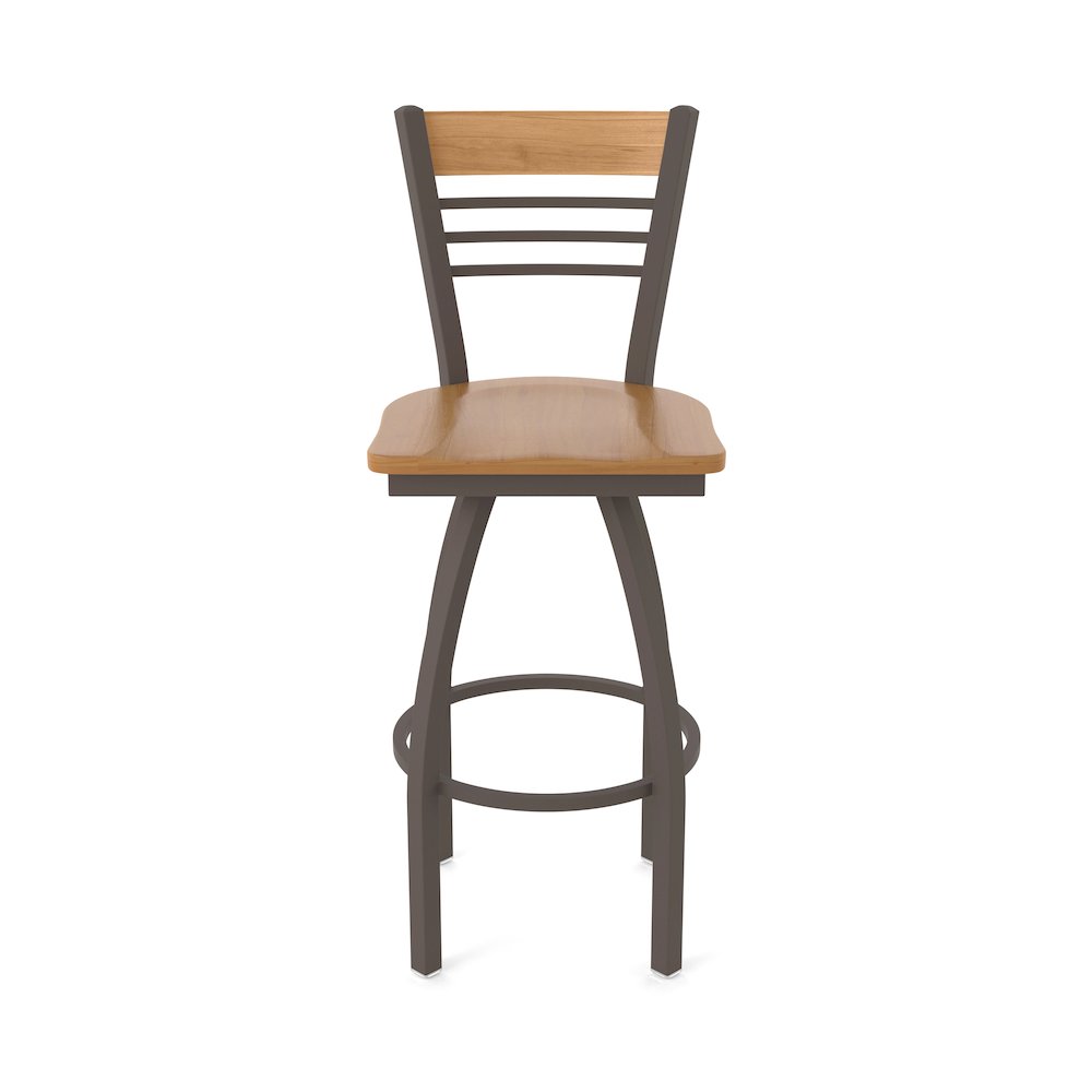 30" Swivel Bar Stool, Bronze Finish, Medium Back, Medium Maple Seat