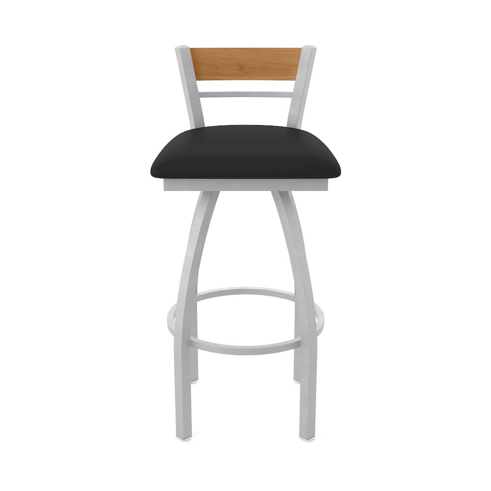 30" Swivel Bar Stool, Anodized Nickel Finish, Medium Back, Black Vinyl Seat