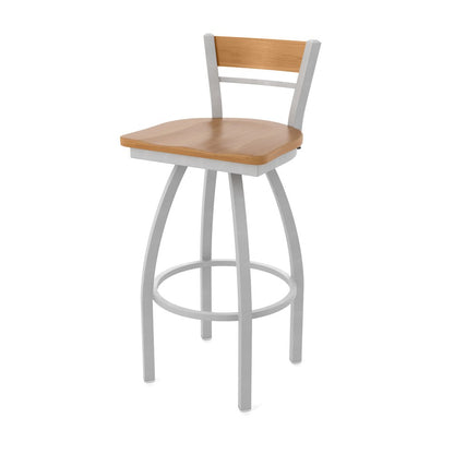 30" Swivel Bar Stool, Anodized Nickel Finish, Medium Back, Medium Maple Seat