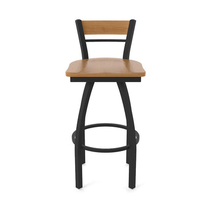 30" Swivel Bar Stool, Black Wrinkle Finish, Medium Back, Medium Maple Seat