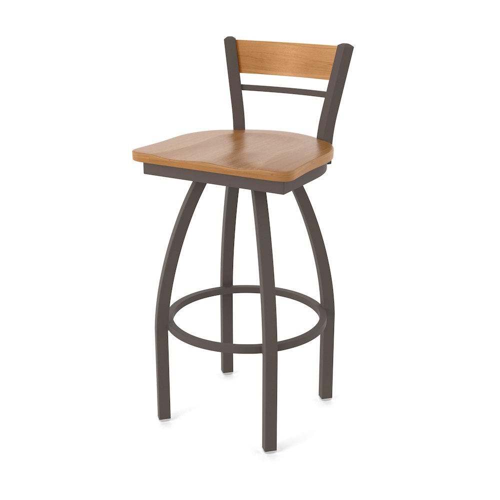 30" Swivel Bar Stool, Bronze Finish, Medium Back, Medium Maple Seat