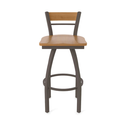 30" Swivel Bar Stool, Bronze Finish, Medium Back, Medium Maple Seat