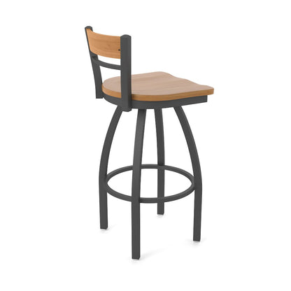 30" Swivel Bar Stool, Pewter Finish, Medium Back, Medium Maple Seat