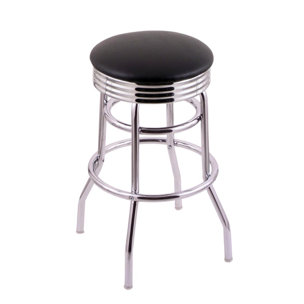 C7C3C Classic Series 30" Bar Stool with Chrome Finish, Ribbed Chrome Accent Ring, Black Vinyl Seat, and 360 swivel