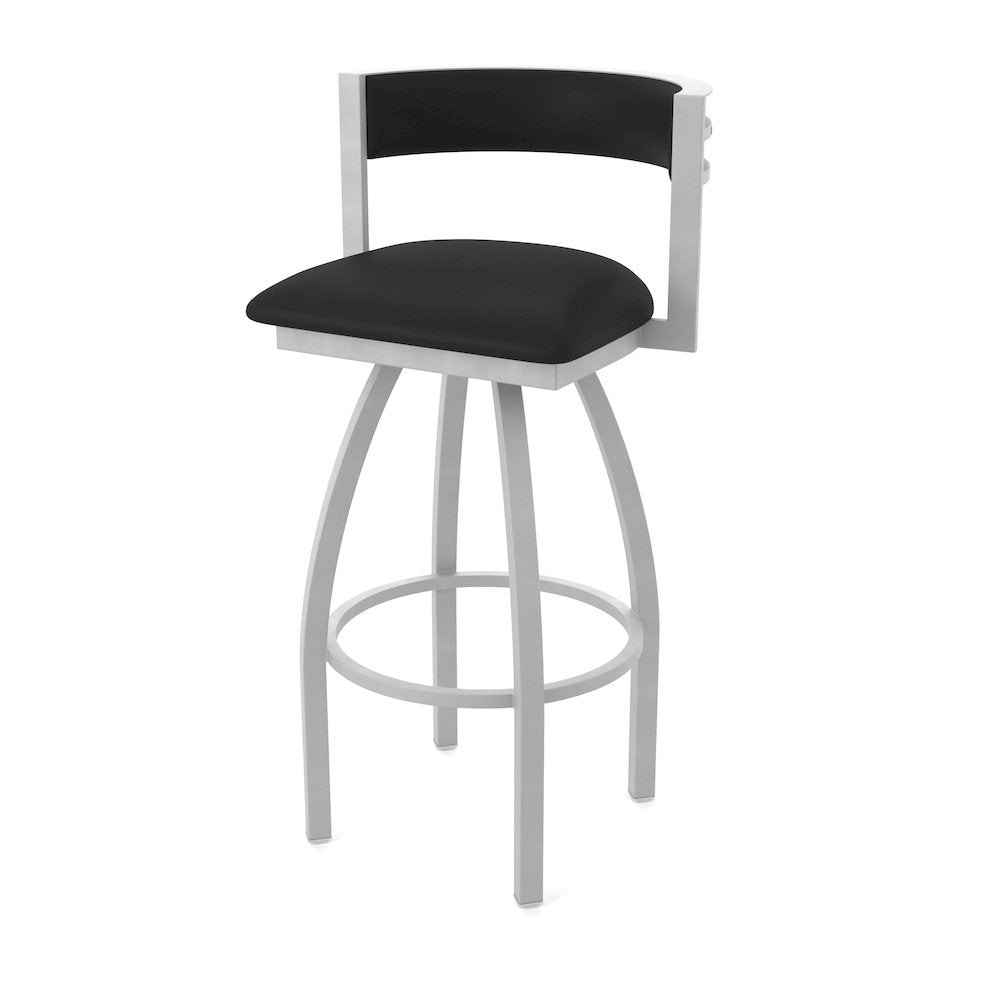 Swivel Bar Stool with Anodized Nickel Finish and Black Vinyl Seat and Back