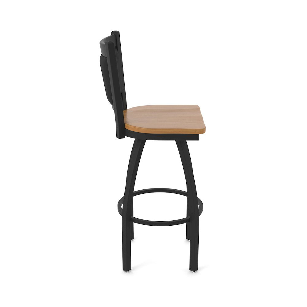 Swivel Bar Stool with Black Wrinkle Finish and Medium Maple Seat and Black Vinyl