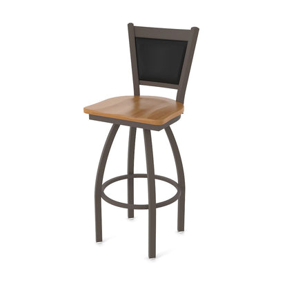 Swivel Bar Stool with Bronze Finish and Medium Maple Seat and Black Vinyl Back