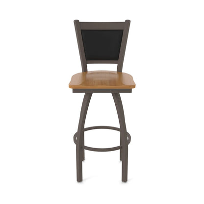 Swivel Bar Stool with Bronze Finish and Medium Maple Seat and Black Vinyl Back