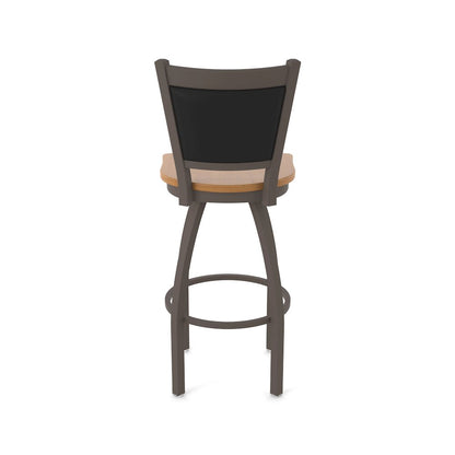 Swivel Bar Stool with Bronze Finish and Medium Maple Seat and Black Vinyl Back
