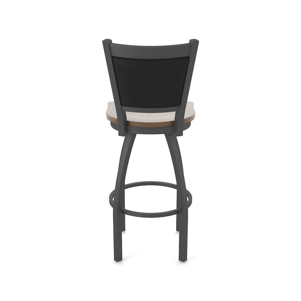 Swivel Bar Stool with Pewter Finish and Dark Maple Seat and Black Vinyl Back