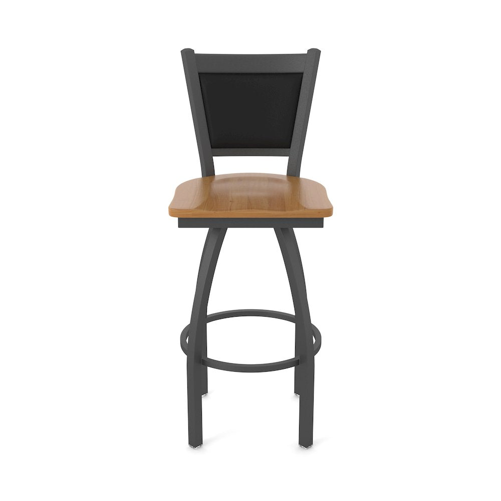 Swivel Bar Stool with Pewter Finish and Medium Maple Seat and Black Vinyl Back