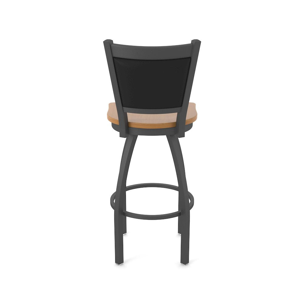 Swivel Bar Stool with Pewter Finish and Medium Maple Seat and Black Vinyl Back