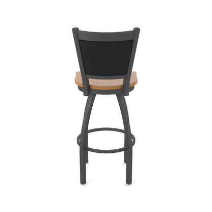Swivel Bar Stool with Pewter Finish and Medium Maple Seat and Black Vinyl Back