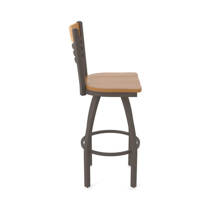 36" Swivel Extra Tall Bar Stool, Bronze Finish, Medium Back, Medium Maple Seat