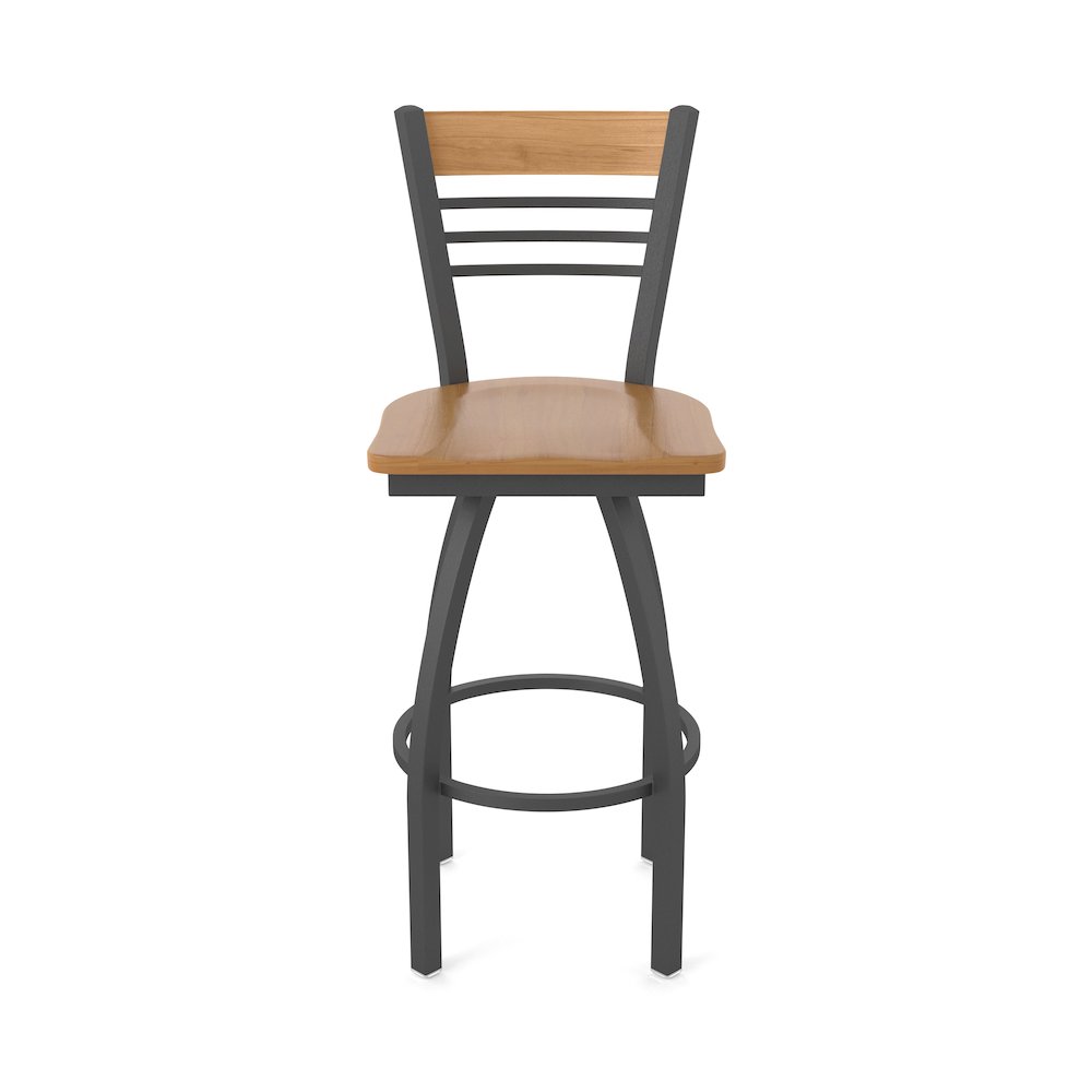 36" Swivel Extra Tall Bar Stool, Pewter Finish, Medium Back, Medium Maple Seat