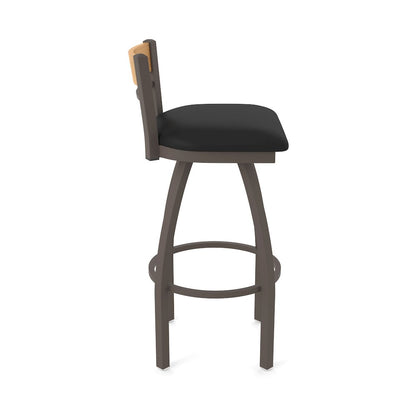 36" Swivel Extra Tall Bar Stool, Bronze Finish, Medium Back, Black Vinyl Seat