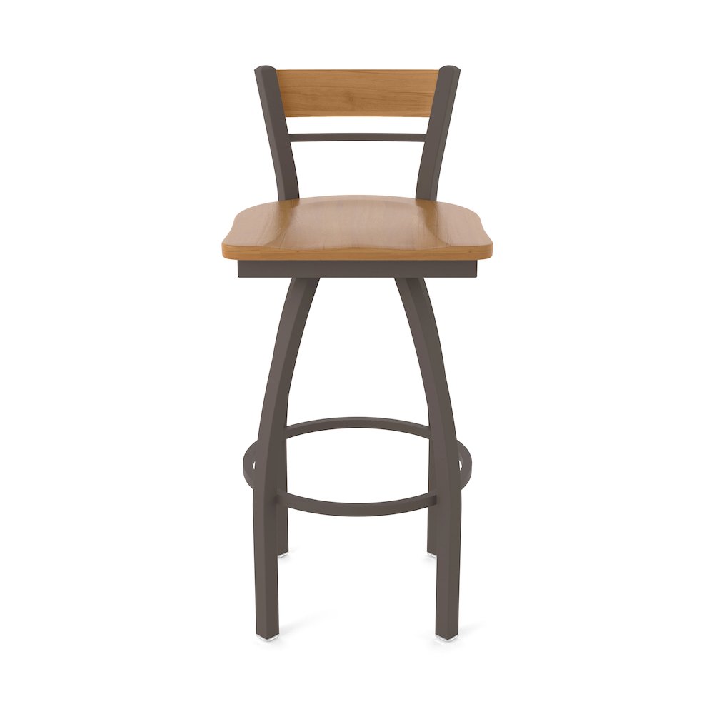 36" Swivel Extra Tall Bar Stool, Bronze Finish, Medium Back, Medium Maple Seat