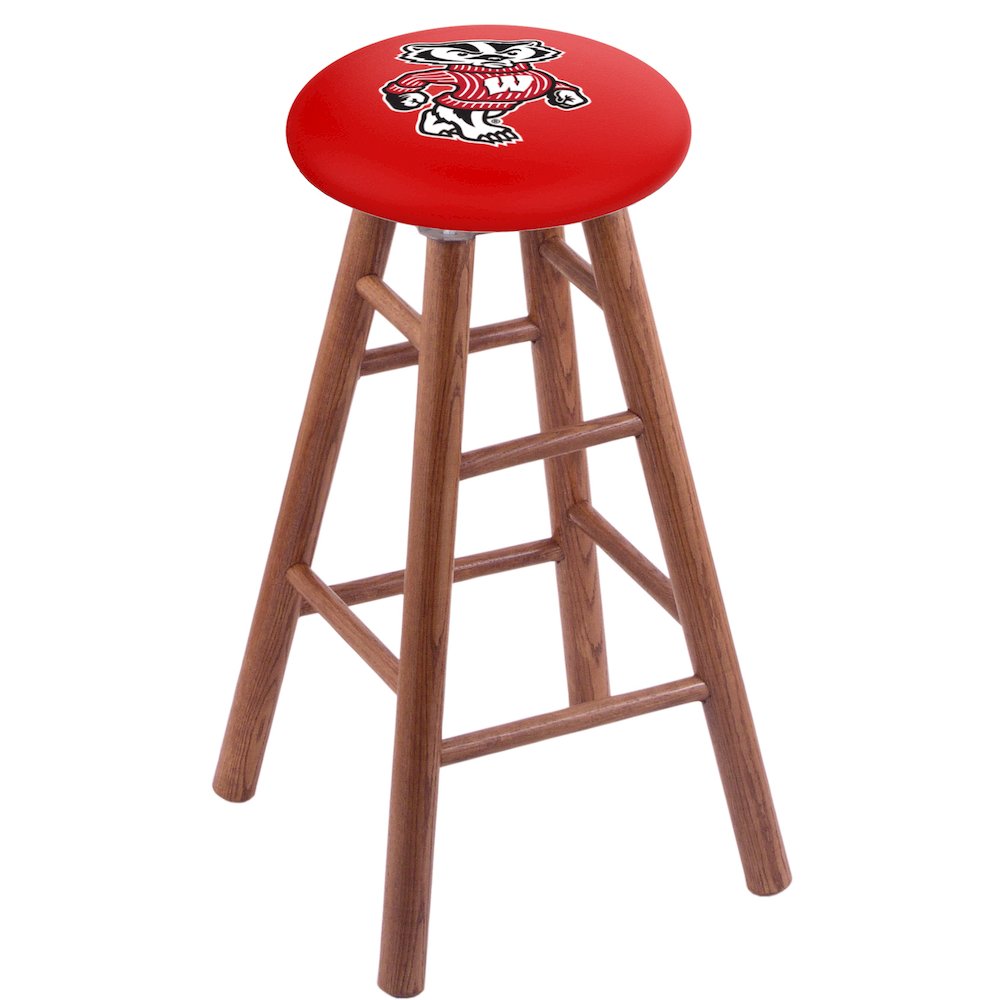 Oak Extra Tall Bar Stool in Medium Finish with Wisconsin "Badger" Seat