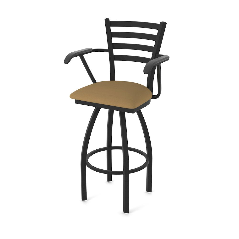415 30" Swivel Bar Stool with Arms, Black Wrinkle, Canter Saddle
