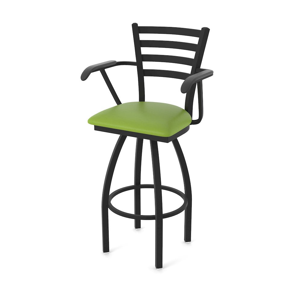 415 36" Swivel Bar Stool with Arms, Black Wrinkle, Canter Kiwi Green