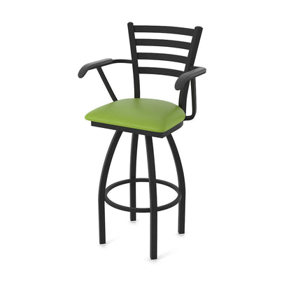 415 36" Swivel Bar Stool with Arms, Black Wrinkle, Canter Kiwi Green