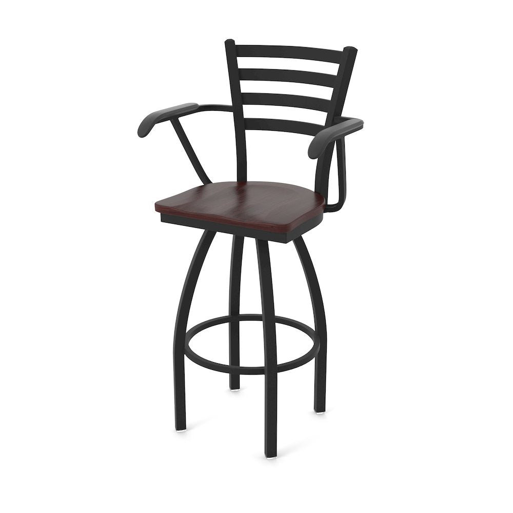 415 36" Swivel Bar Stool with Arms, Black Wrinkle, Dark Cherry Maple