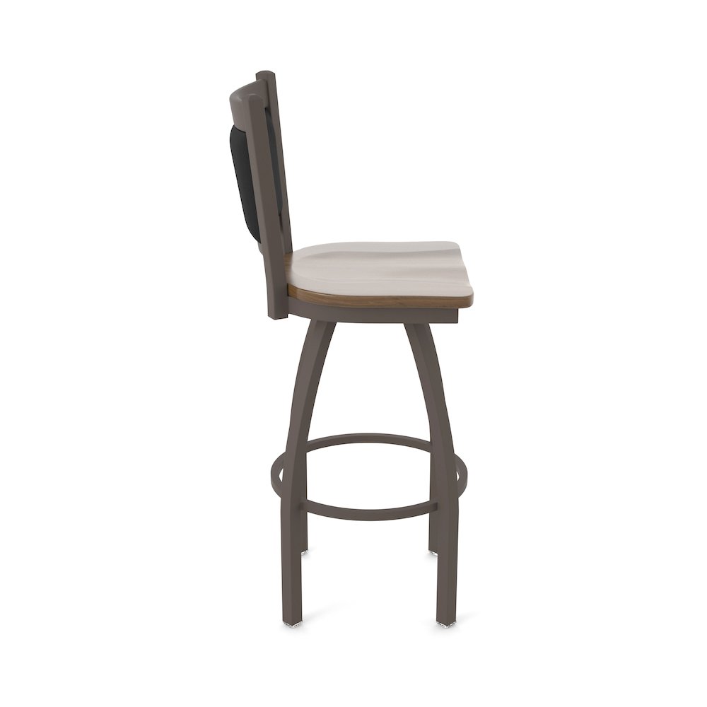 Swivel Counter Stool with Bronze Finish and Dark Maple Seat and Black Vinyl Back