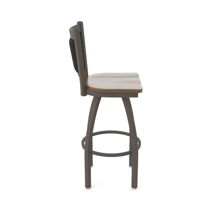 Swivel Counter Stool with Bronze Finish and Dark Maple Seat and Black Vinyl Back