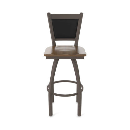 Swivel Counter Stool with Bronze Finish and Dark Maple Seat and Black Vinyl Back
