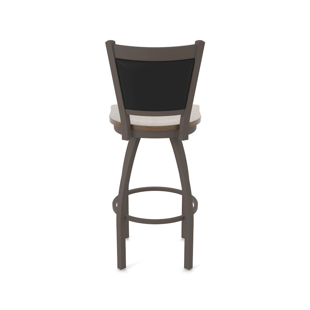 Swivel Counter Stool with Bronze Finish and Dark Maple Seat and Black Vinyl Back