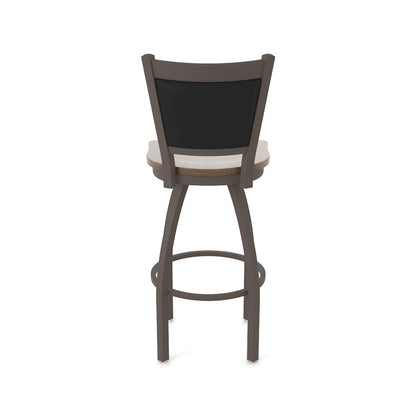 Swivel Counter Stool with Bronze Finish and Dark Maple Seat and Black Vinyl Back