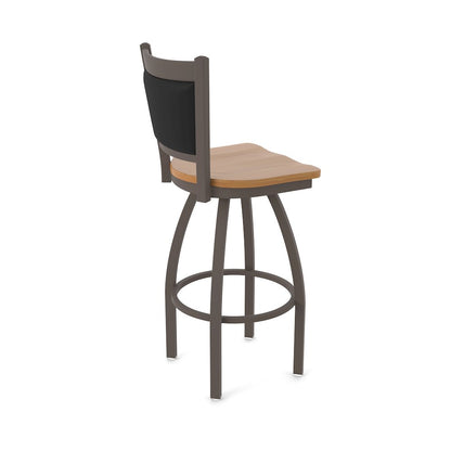 Swivel Counter Stool with Bronze Finish and Medium Maple Seat and Black Vinyl