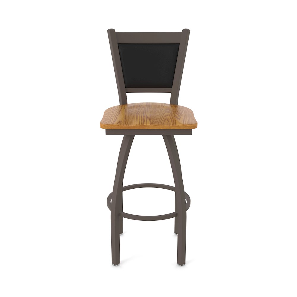 Swivel Counter Stool with Bronze Finish and Medium Oak Seat and Black Vinyl Back